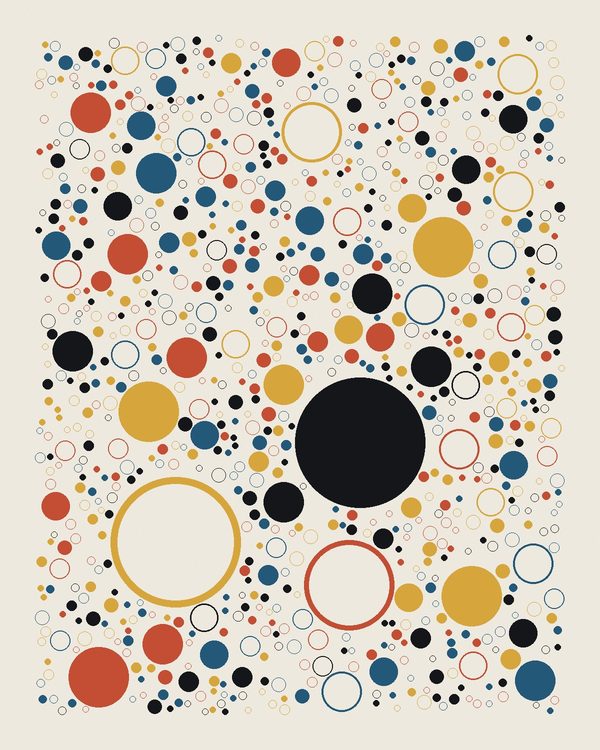 Pebbles — packed circles in ochre, rust and slate